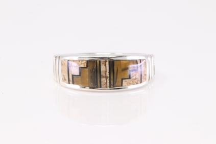 Native America Navajo Sterling Silver Multi-Color Stone Inlay Ring By Rick T.