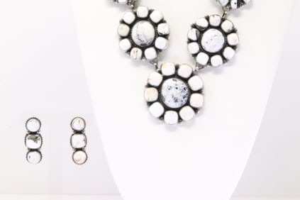 Native America Navajo Sterling Silver White Buffalo Necklace & Earring's Set By Shelia.