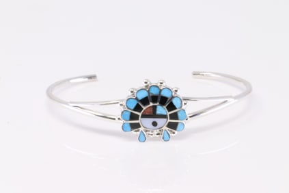 Native America Zuni Sterling Silver Multi-Color Sunface Bracelet By E.R.