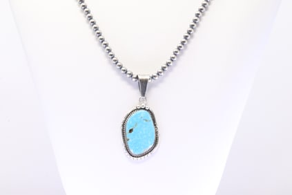 Native America Navajo Sterling Silver Turquoise Pendant By Samuel Yellowhair. With Pearl Beaded