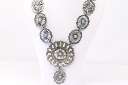 Native American Navajo Sterling Silver Kingman Turquoise Concho Necklace By L.J.C.