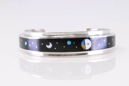 Native American Navajo Sterling Silver Night Sky Inlay Braceley By H.Smith.