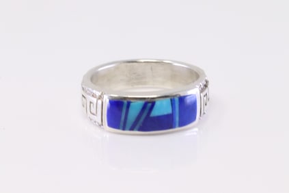 Native American Navajo Sterling Silver Lapis / Turquoise Inlay Ring.