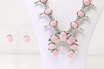 Native American Navajo Sterling Silver Pink Conch Shell Squash Blossom Necklace & Earring's Set By