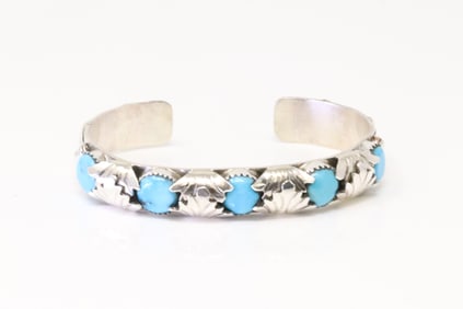 Native American Zuni Sterling Silver Turquoise Bracelet Cuff By Lyolita Tsattie.