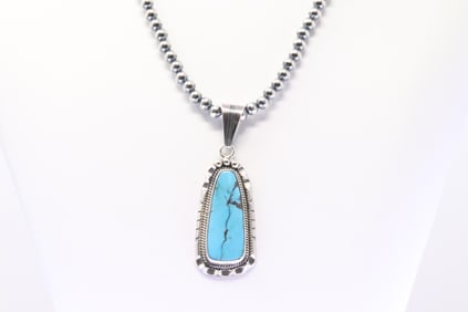 Native America Navajo Sterling Silver Turquoise Pendant By Samuel Yellowhair. With Pearl Beaded