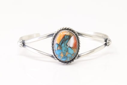 Native America Navajo Sterling Silver Turquoise Compressed Bracelet Cuff By Augustine Largo.