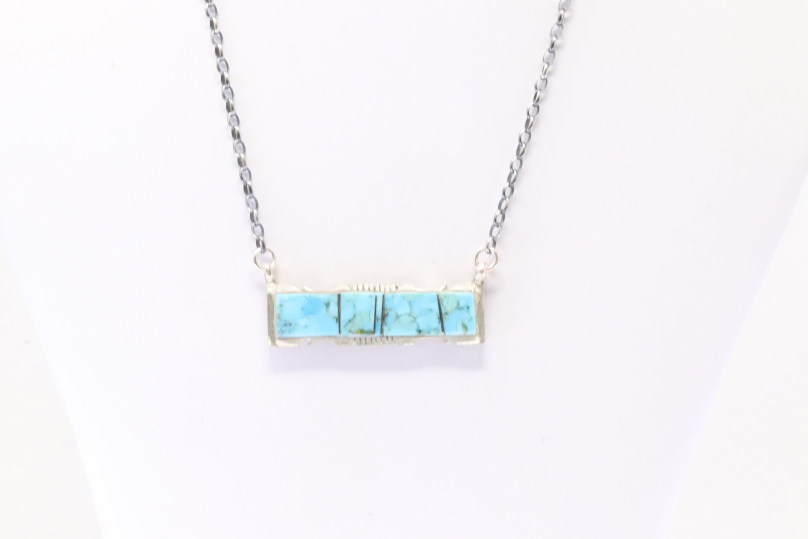 Native America Navajo Sterling Silver Kingman Turquoise Inlay Necklace By Steve Francisco.: This is a Native America Navajo Sterling Silver Kingman Turquoise Inlay Necklace By Steve Francisco. Necklace length: 16.00"