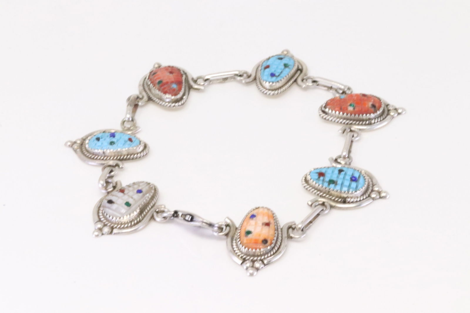 Native America Zuni Sterling Silver Multi-Color Corn Bracelet Link By T.S.B. (1 of 4)