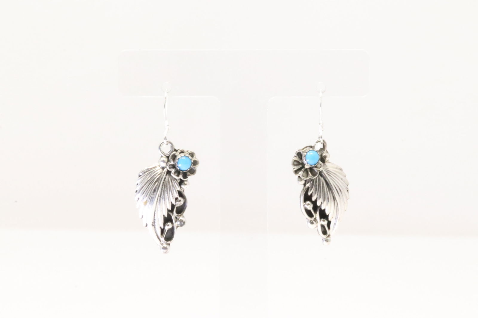 Native America Navajo Sterling Silver Turquoise Leaf Dangling Earring's By Arlene Lewis. (1 of 4)