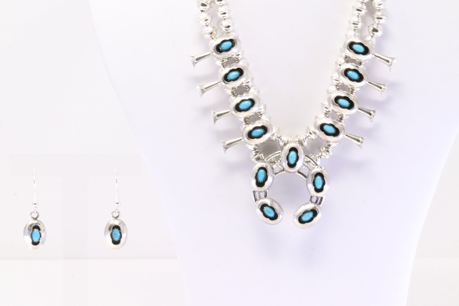 Native America Navajo Sterling Silver Turquoise Baby Squash Blossom Necklace & Earring's Set By P.G.: This is a Native America Navajo Sterling Silver Turquoise Baby Squash Blossom Necklace & Earring's Set By P.G. Necklace length: 18.00"