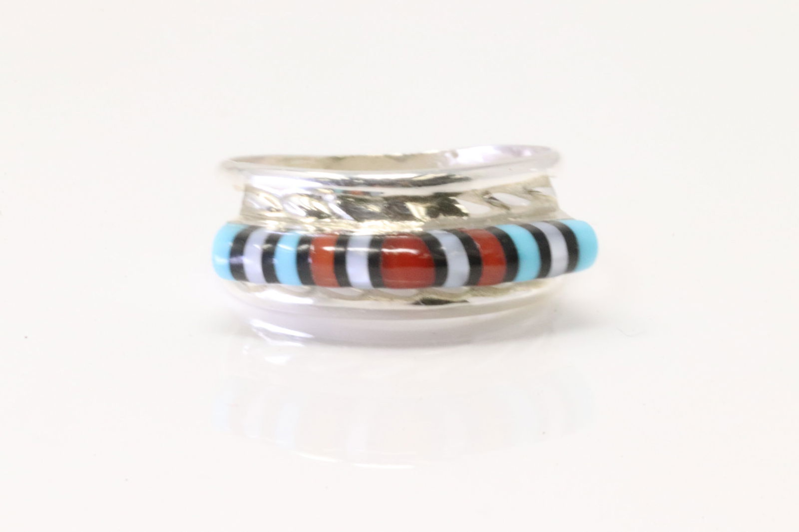 Native America Navajo Sterling Silver Multi-Color Stone Inlay Ring By V.M.: This is a Native America Navajo Sterling Silver Multi-Color Stone Inlay Ring By V.M. Ring size: 6.50.