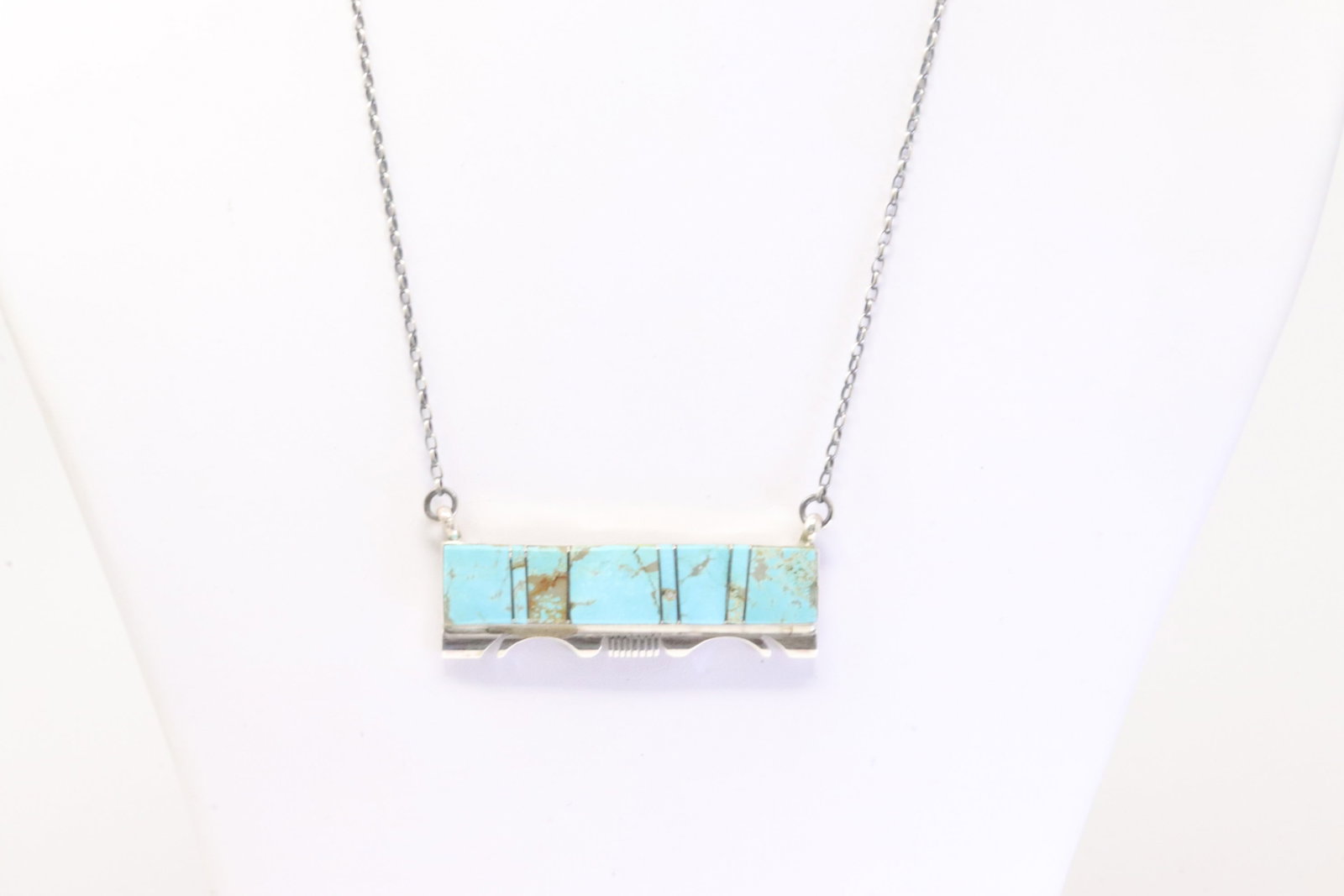 Native America Navajo Sterling Silver Kingman Turquoise Inlay Necklace By Steve Francisco.: This is a Native America Navajo Sterling Silver Kingman Turquoise Inlay Necklace By Steve Francisco. Necklace Length: 18.00"