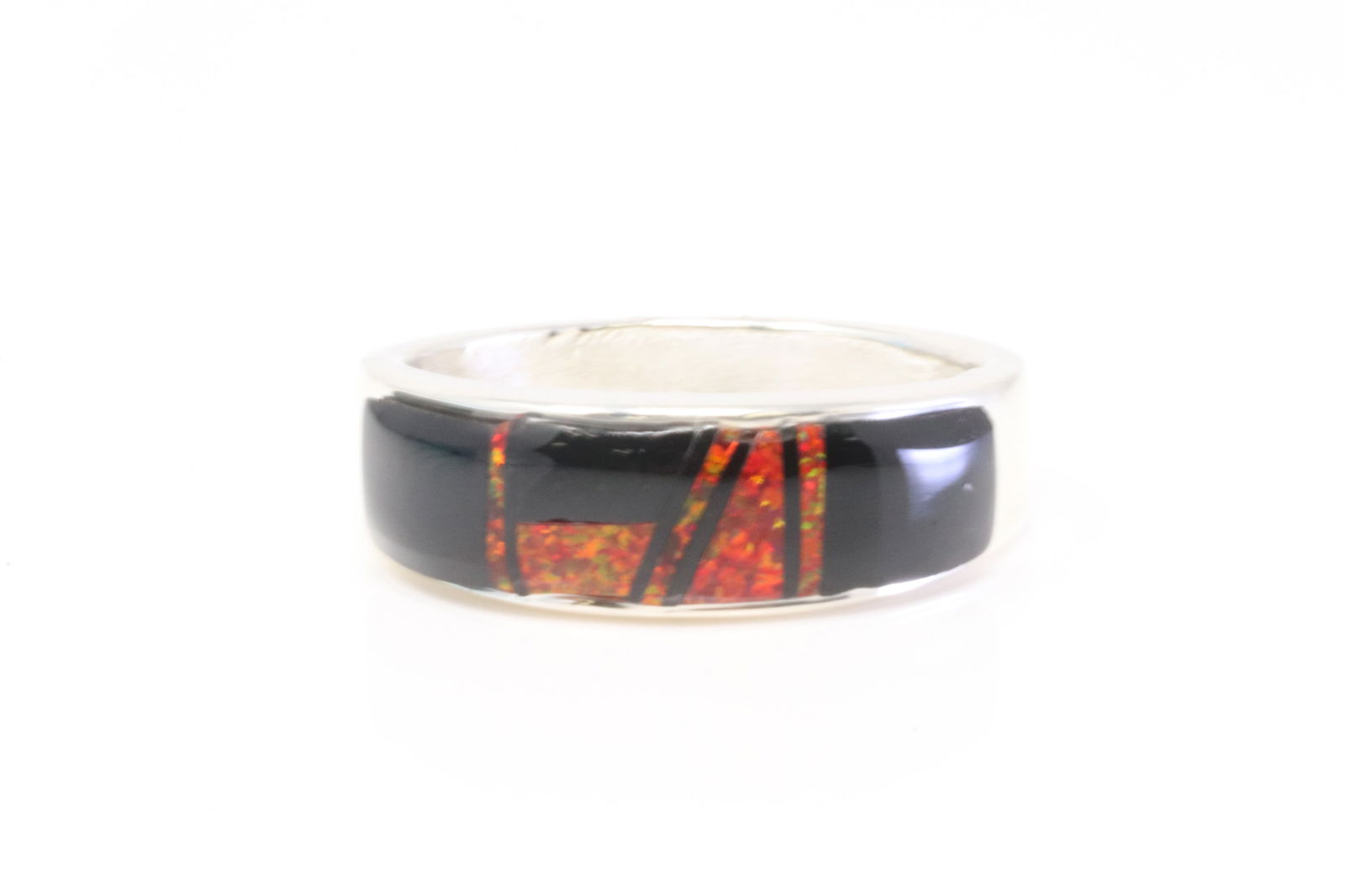Native American Navajo Sterling Silver Red Opal & Black Onyx Inlay Ring By A.T. (1 of 4)