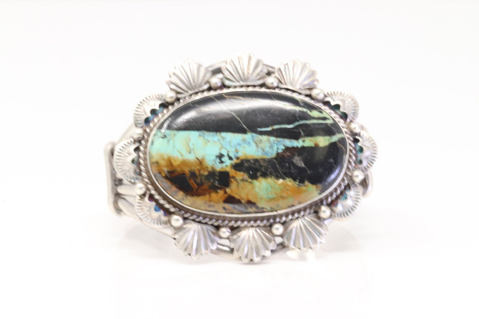 Native America Navajo Sterling Silver Black Jack Turquoise Bracelet Cuff By Jimmy Lee. (1 of 4)