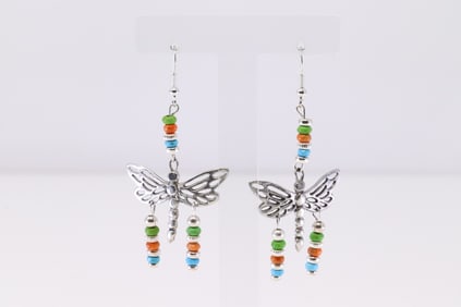 Native America Navajo Sterling Silver Multi-Color Butterfly Dangling Earring's.