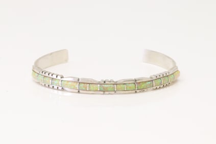 Native America Zuni Sterling Silver Yellow Opal Inlay Bracelet By Sheldon Lalio.
