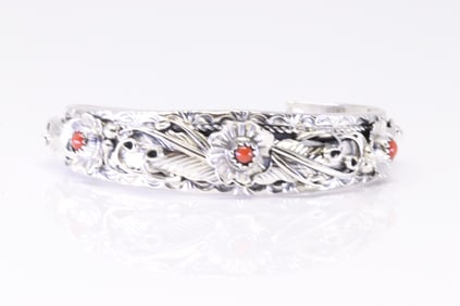 Native America Navajo Sterling Silver Coral Bracelet Floral Cuff By Bessie Joe.