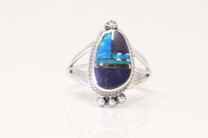Native America Navajo Sterling Silver Multi-Color Stone Inlay Ring By James Manygoat.