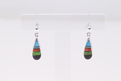 Native America Navajo Sterling Silver Multi-Color Inlay Post / Dangling Earring's By R.T.