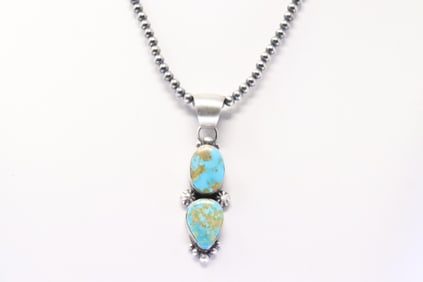 Native American Navajo Sterling Silver Turquoise Pendant By Robert Shakey. With Pearl Beaded