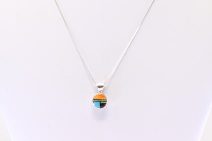 Native America Navajo Sterling Silver Multi-Color Stone Inlay Pendant with A 925 Necklace.