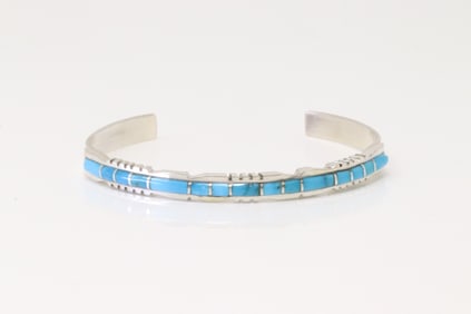 Native America Zuni Sterling Silver Turquoise Inlay Bracelet By Sheldon Lalio.