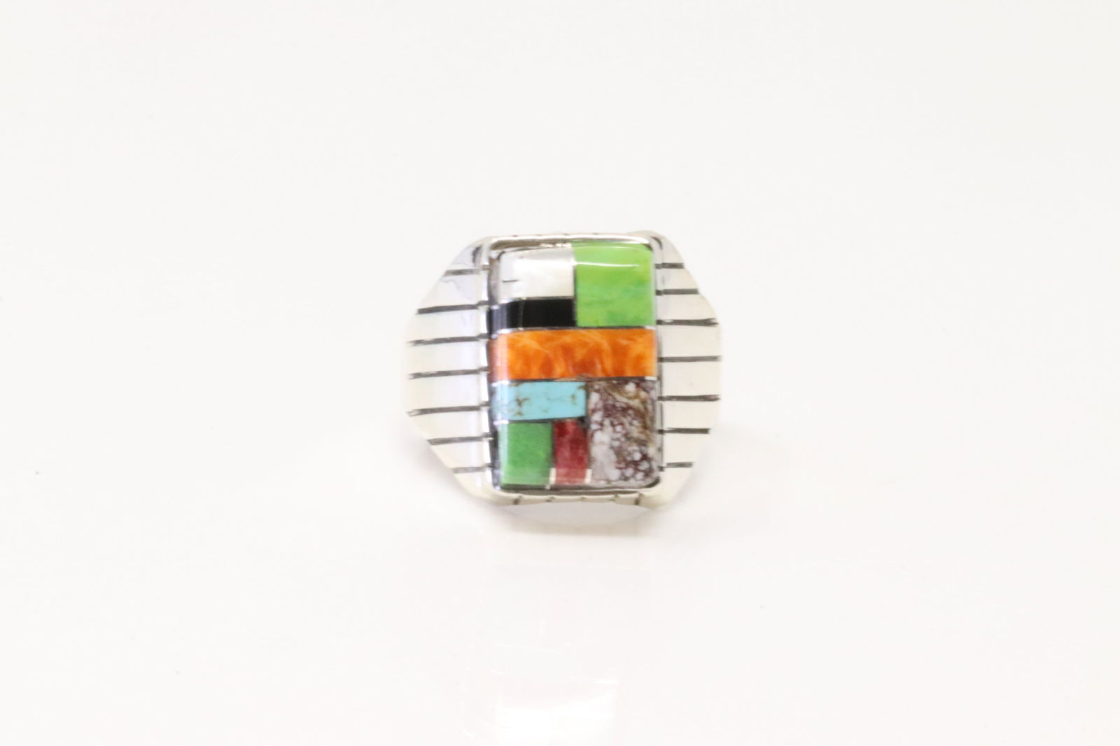 Native American Navajo Sterling Silver Multi-Color Stone Inlay Ring By R.: This is a Native American Navajo Sterling Silver Multi-Color Stone Inlay Ring By R. Ring size: 10.00.