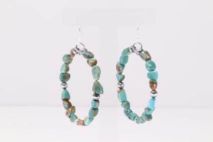 Native America Navajo Sterling Silver Turquoise / Pearl Beaded Hoop Dangling Earring's.