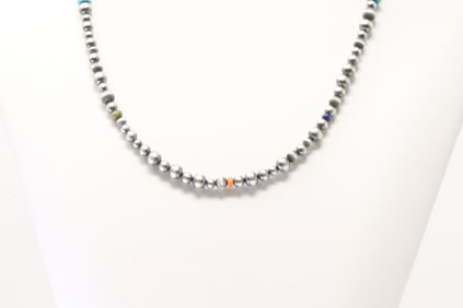 Native America Navajo Sterling Silver Multi-Color Stone & Pearl Beaded Necklace.