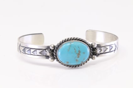 Native America Navajo Sterling Silver Kingman Turquoise Bracelet By Rick Enriquez.