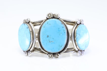 Native America Navajo Sterling Silver Turquoise Bracelet Cuff By V.H.
