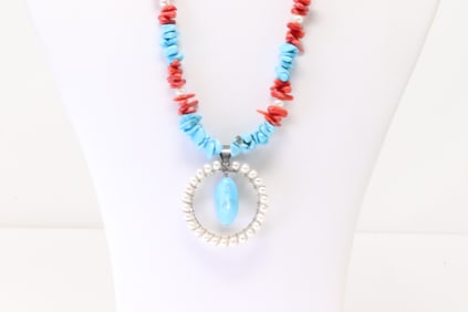 Native America Navajo Sterling Silver Coral / Pearl & Turquoise Necklace.