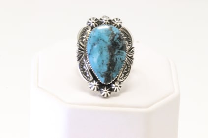 Native America Navajo Sterling Silver Turquoise Ring By Sadie Jim.