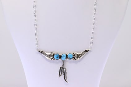 Native America Navajo Sterling Silver Turquoise Necklace By Sadie Jim.