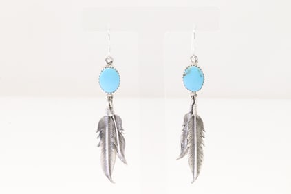 Native America Navajo Sterling Silver Turquoise Dangling Feather Earring's By Letricia Largo.