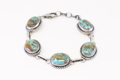 Native America Navajo Sterling Silver Kingman Turquoise Bracelet Link By Freida Martinez.