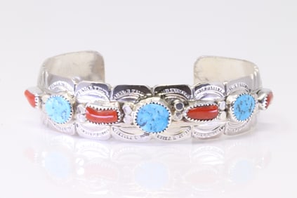 Native America Navajo Sterling Silver Coral & Turquoise Bracelet Cuff By Julie Slinkey.