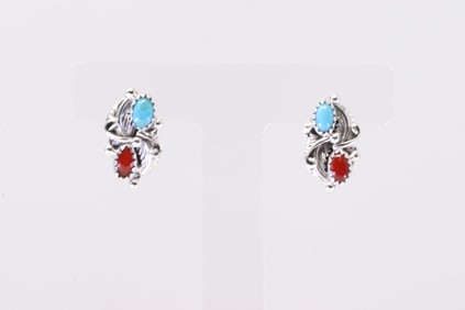 Native America Navajo Sterling Silver Coral & Turquoise Post Earring's By Robert Martinez.