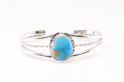 Native America Navajo Sterling Silver Turquoise Bracelet Cuff By N.J.