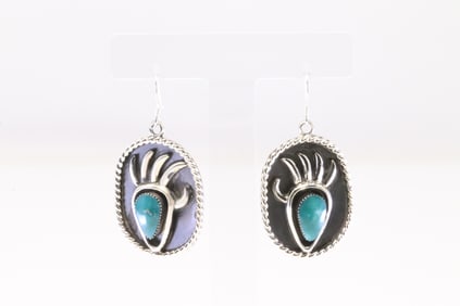 Native America Navajo Sterling Silver Bear Paw Turquoise Dangling Earring's By Jimson Belin.