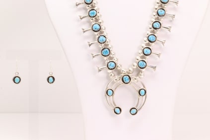 Native America Navajo Sterling Silver Turquoise Baby Squash Blossom Necklace & Earring's Set By P.G.