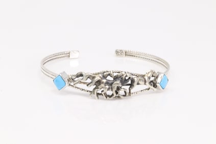 Native America Navajo Sterling Silver Turquoise Horse Bracelet Cuff By Bobby Platero.