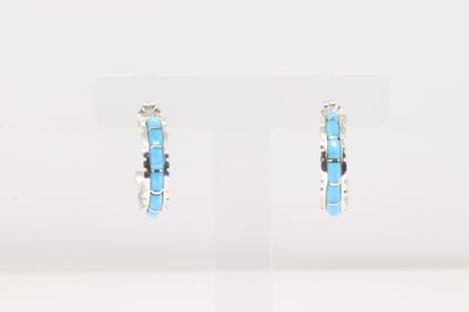 Native America Zuni Sterling Silver Turquoise Inlay Hoop Earring's By Sheldon Lilo.