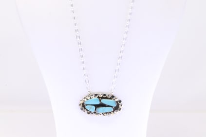 Native America Navajo Sterling Silver Turquoise Necklace By Sadie Jim.