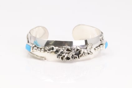 Native America Navajo Sterling Silver Horse Turquoise Barcelet Cuff By Bobby Platero.