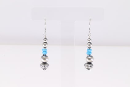 Native America Navajo Sterling Silver Turquoise / Pearl Beaded Dangling Earring's.