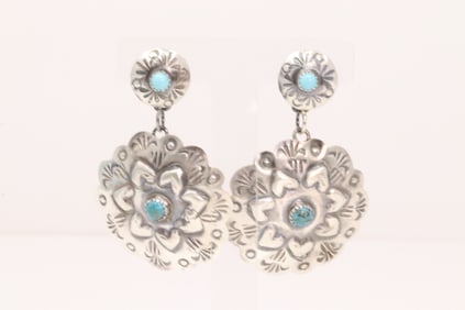 Native America Navajo Sterling Silver Turquoise Post / Dangling Earring's By Gabrielle Yazzie.