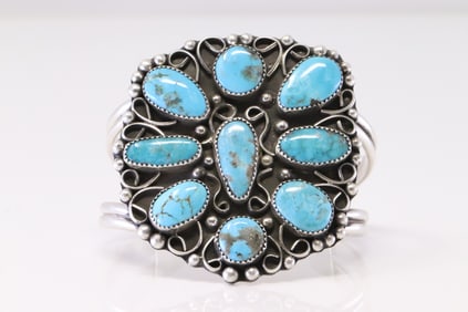 Native America Navajo Sterling Silver Turquoise Bracelet Cuff By R.S.
