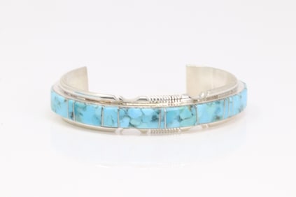 Native America Navajo Sterling Silver Turquoise Inlay Bracelet By S.F.